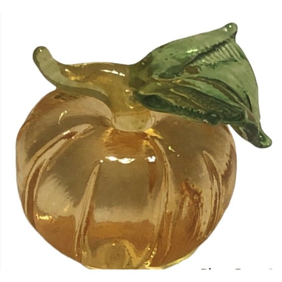 Hand Blown Art Glass Orange 1”x1.25” pumpkin Green Stem Paperweight Decor VTG - Picture 1 of 9